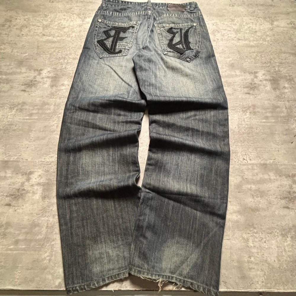 Ecko Unltd Skater Jeans Mens 33x32 Blue Faded Baggy Embroidered Y2K Vintage